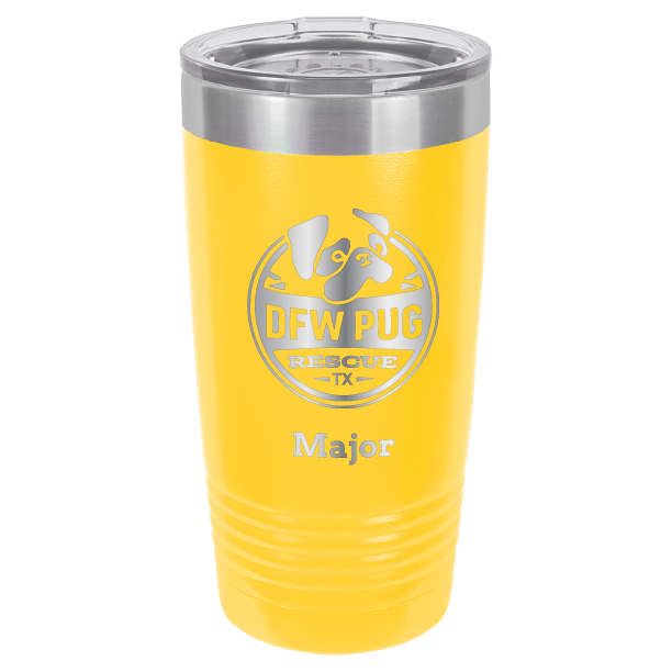 DFW Puf Rescue laser engraved 20 oz tumbler in yellow