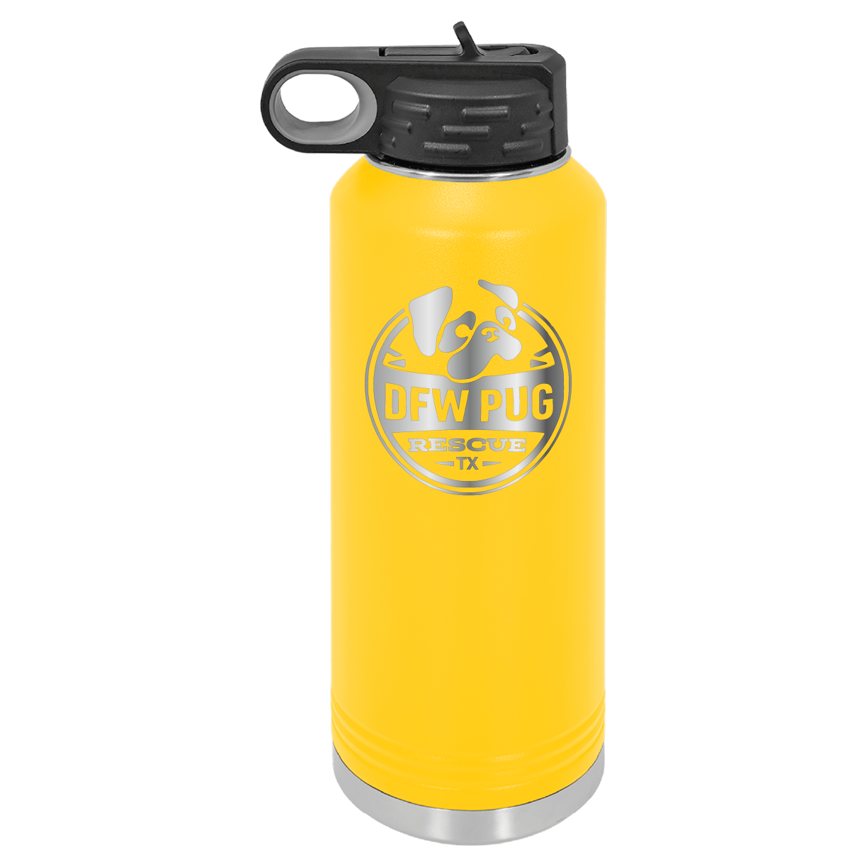 Yellow laser engraved 40 oz water bottle featuring the DFW Pug Rescue logo