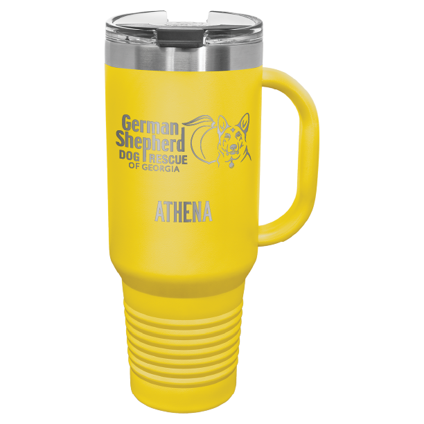 40 Oz travel tumbler, laser engraved with the logo of German Shepherd Dog Rescue of Georgia, in yellow