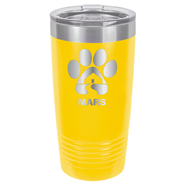 Yellow 20 ounce laser engraved tumbler with the Midwest Animal Rescue & Services (MARS) logo.