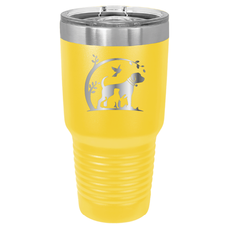 Yellow 30 oz laser engraved tumbler featuring the No Critter Left Behind logo