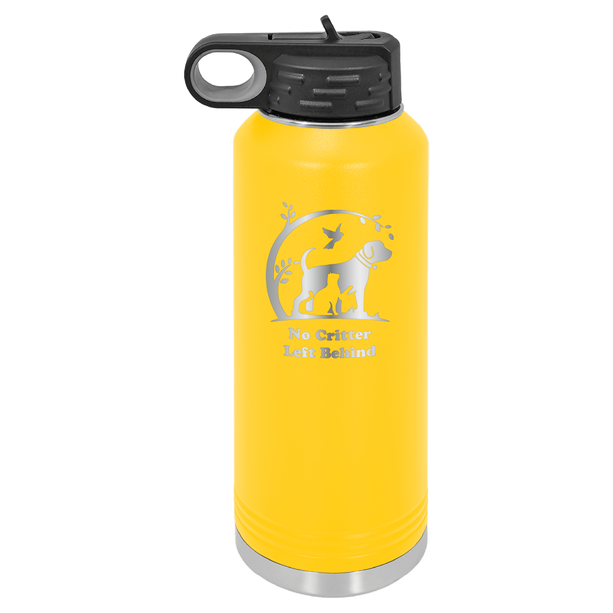 Yellow laser engraved 40 oz water bottle featuring the No Critter Left Behind logo