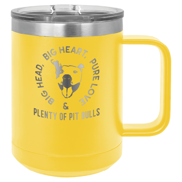 Yellow 15 oz coffee cup laser engraved featuring the Plenty of Pit Bulls logo
