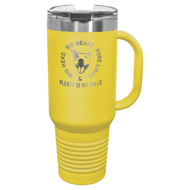 Yellow 40 oz tumbler with handle laser engraved featuring the Plenty of Pit Bulls logo