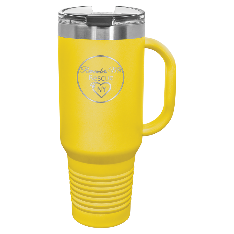 Yellow 40 oz laser engraved tumbler featuring the Remember Me Rescue NY logo.