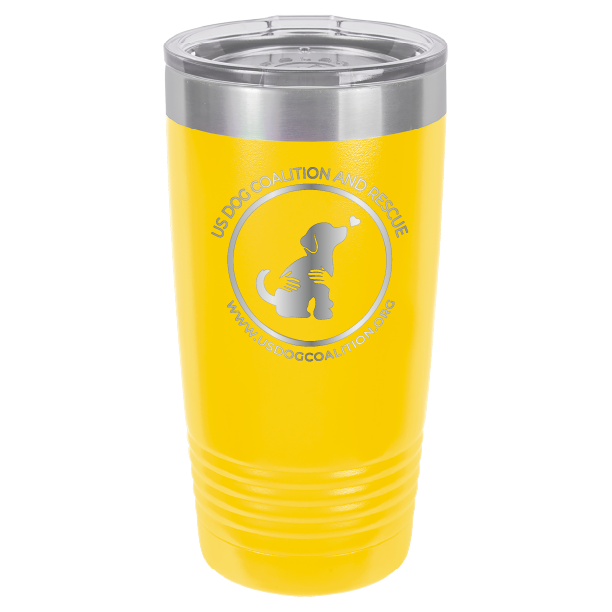 Yellow 20 Oz Laser Engraved Tumbler featuring the US Dog Coalition logo.