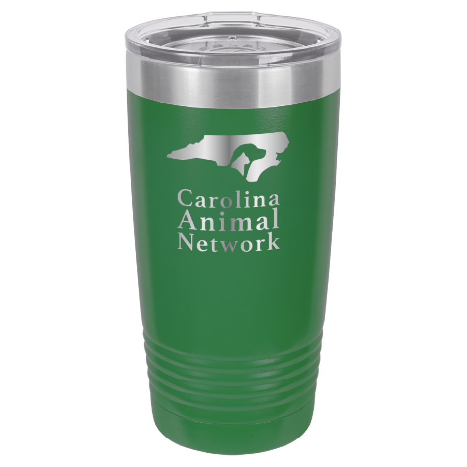 Green 20 ounce tumbler laser engraved tumbler featuring the Carolina Animal Network logo
