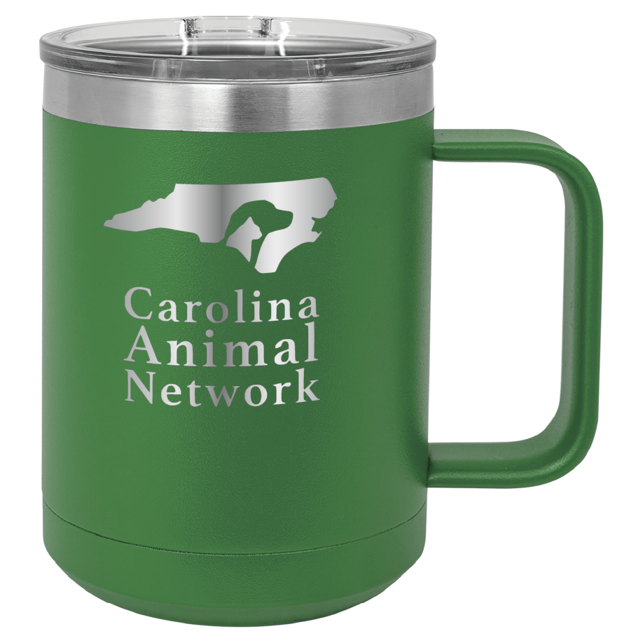 Green 15 oz coffee cup laser engraved  tumbler featuring the Carolina Animal Network logo