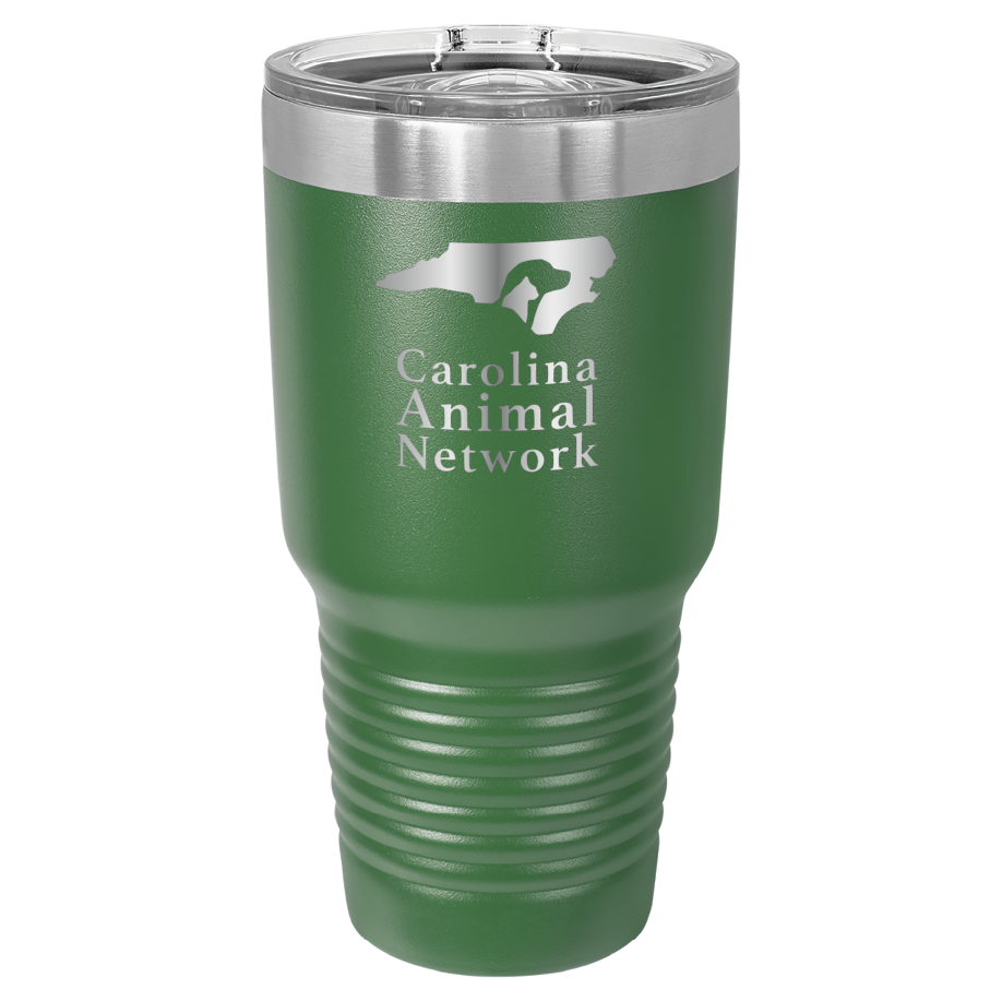 Green 30 oz tumbler laser engraved  tumbler featuring the Carolina Animal Network logo