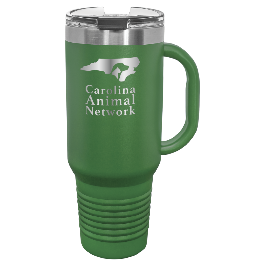 Green 40 oz water bottle laser engraved  tumbler featuring the Carolina Animal Network logo