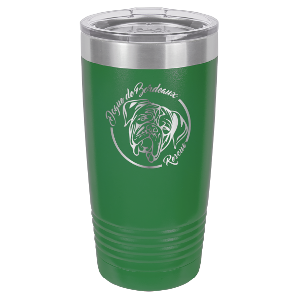Green 20 ounce laser engraved  tumbler featuring the Dogue de Bordeaux Rescue, Inc. logo