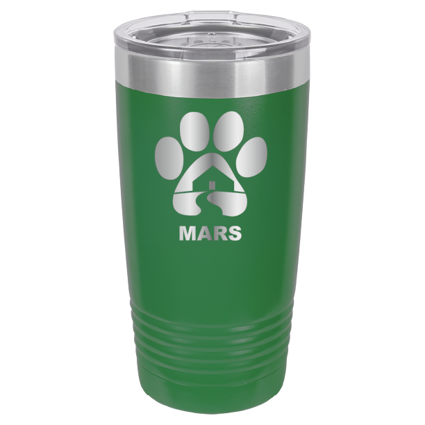 Green 20 ounce laser engraved tumbler with the Midwest Animal Rescue & Services (MARS) logo.