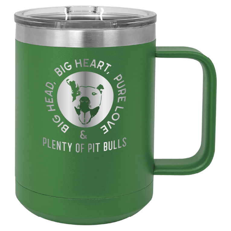 Green 15 oz coffee cup laser engraved featuring the Plenty of Pit Bulls logo