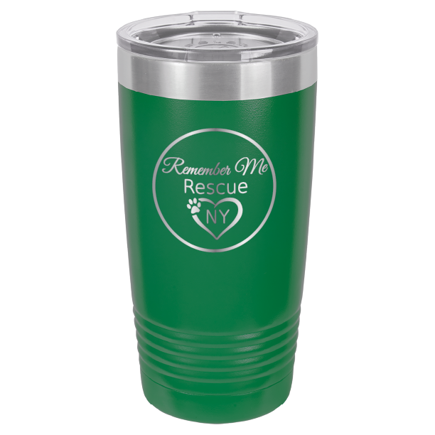 Green laser engraved 20 tumbler featuring the logo of Remember Me Rescue NY