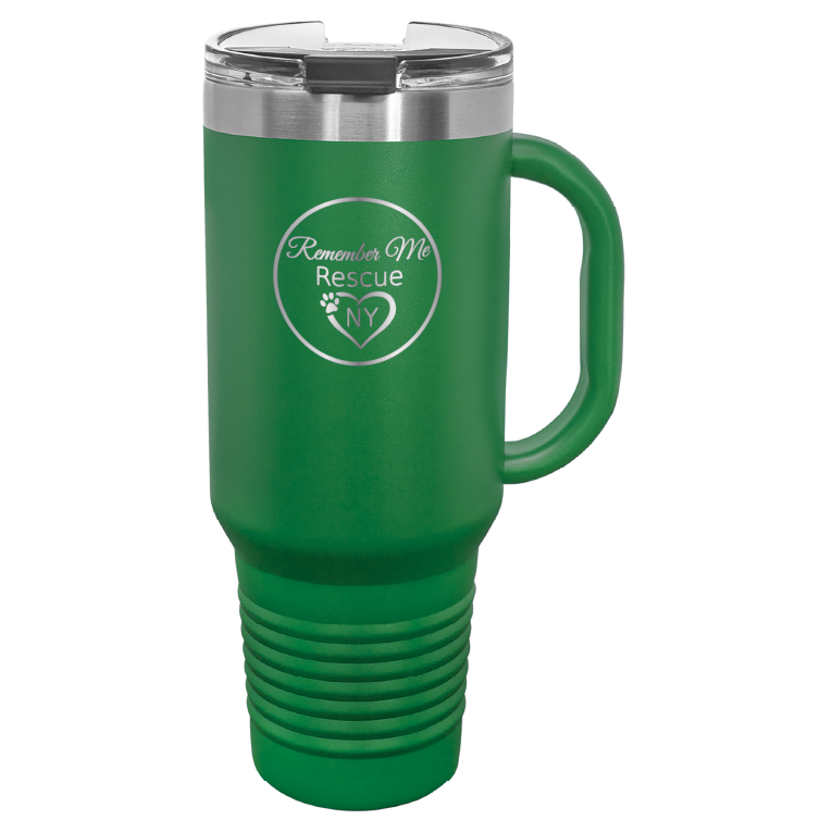 Green 40 oz laser engraved tumbler featuring the Remember Me Rescue NY logo.