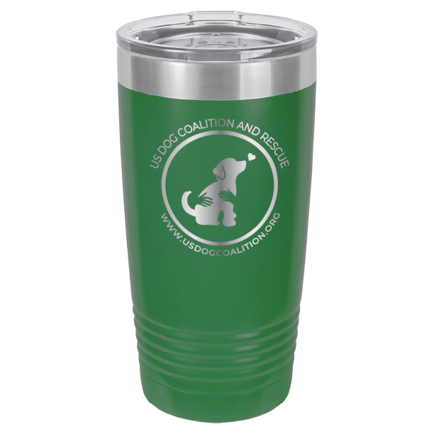 Green 20 Oz Laser Engraved Tumbler featuring the US Dog Coalition logo.