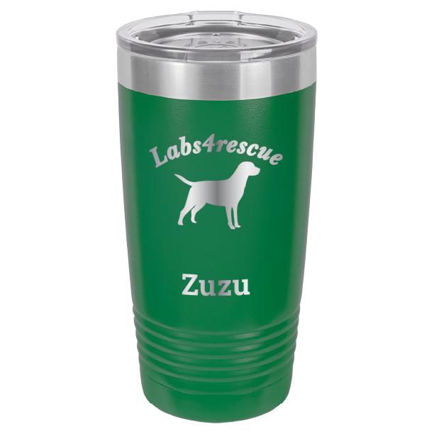 Green laser engraved 20 oz tumbler featuring the Labs4rescue logo and the name Zuzu.