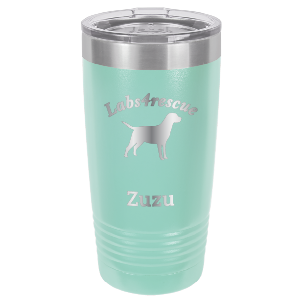 Teal laser engraved 20 oz tumbler featuring the Labs4rescue logo and the name Zuzu.