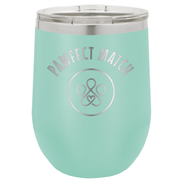 Teal laser engraved wine tumbler featuring the Pawfect March logo