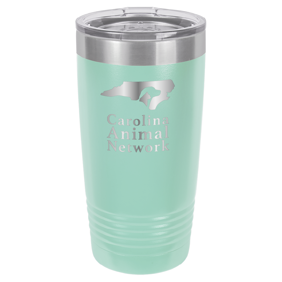 Teal 20 ounce tumbler laser engraved tumbler featuring the Carolina Animal Network logo