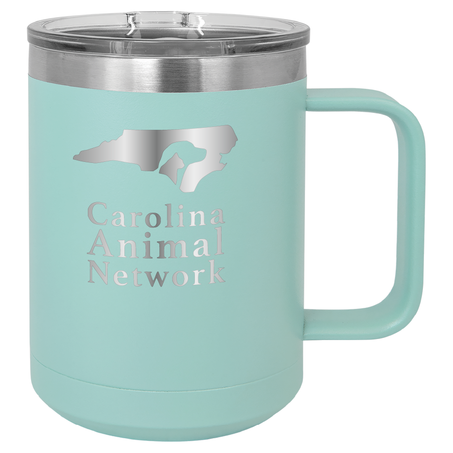 Teal 15 oz coffee cup laser engraved  tumbler featuring the Carolina Animal Network logo