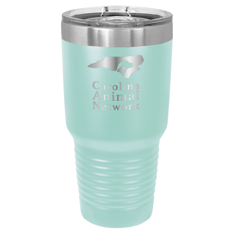 Teal 30 oz tumbler laser engraved tumbler featuring the Carolina Animal Network logo