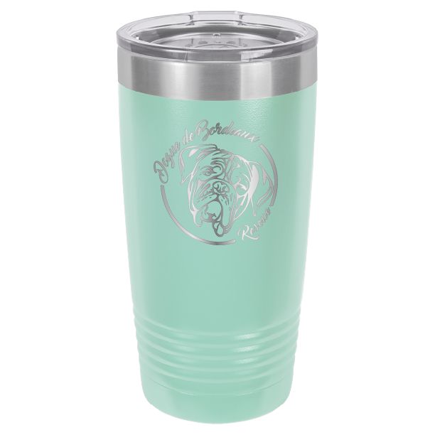 Teal 20 ounce laser engraved  tumbler featuring the Dogue de Bordeaux Rescue, Inc. logo