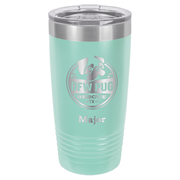DFW Puf Rescue laser engraved 20 oz tumbler in teal