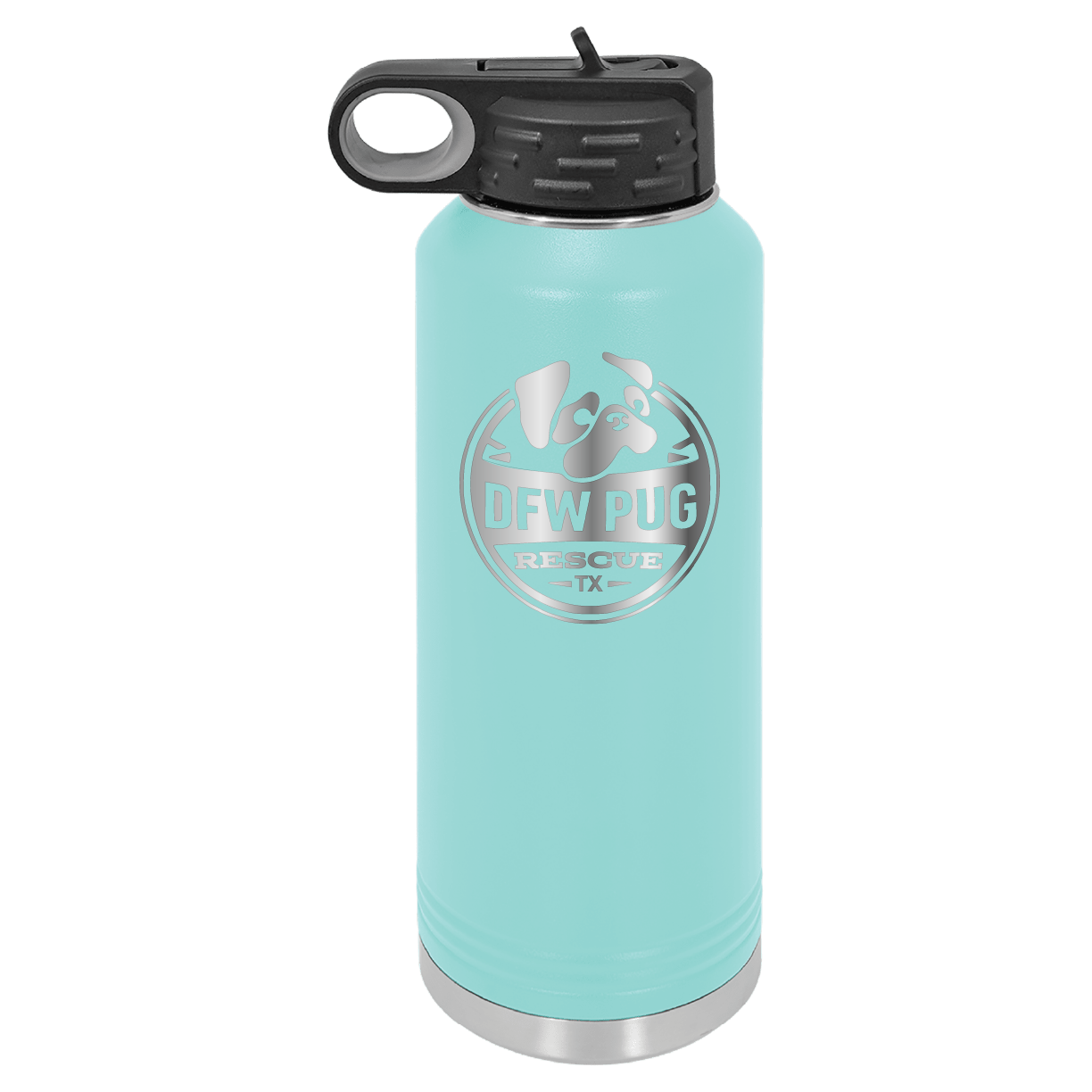 Teal laser engraved 40 oz water bottle featuring the DFW Pug Rescue logo