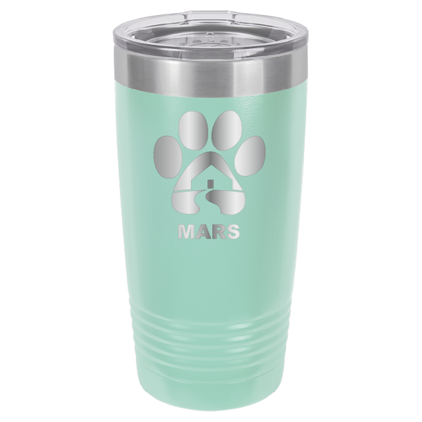 Teal 20 ounce laser engraved tumbler with the Midwest Animal Rescue & Services (MARS) logo.