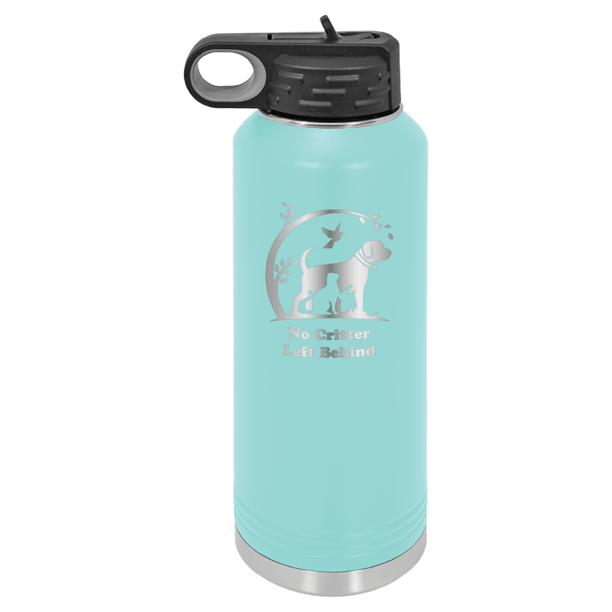 Teal laser engraved 40 oz water bottle featuring the No Critter Left Behind logo