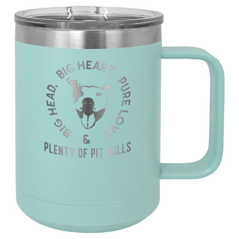 Teal 15 oz coffee cup laser engraved featuring the Plenty of Pit Bulls logo