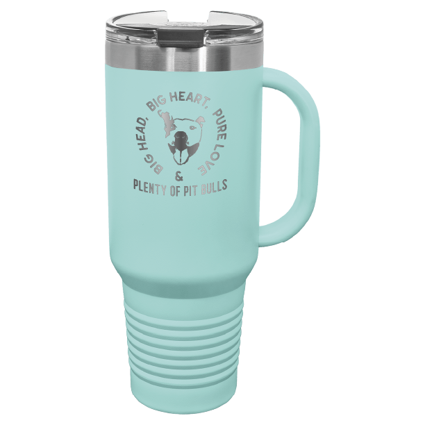 Teal 40 oz tumbler with handle laser engraved featuring the Plenty of Pit Bulls logo