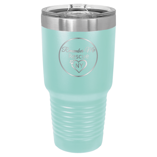 Teal 30 oz laser engraved tumbler featuring the Remember Me Rescue NY logo.