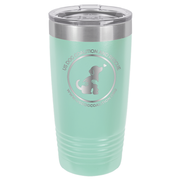 Teal 20 Oz Laser Engraved Tumbler featuring the US Dog Coalition logo.