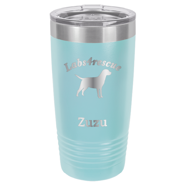 Light Blue laser engraved 20 oz tumbler featuring the Labs4rescue logo and the name Zuzu.