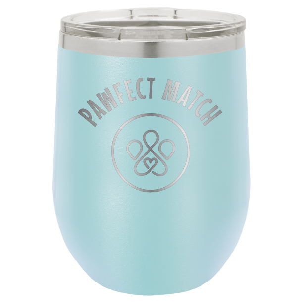 Light blue laser engraved wine tumbler featuring the Pawfect March logo