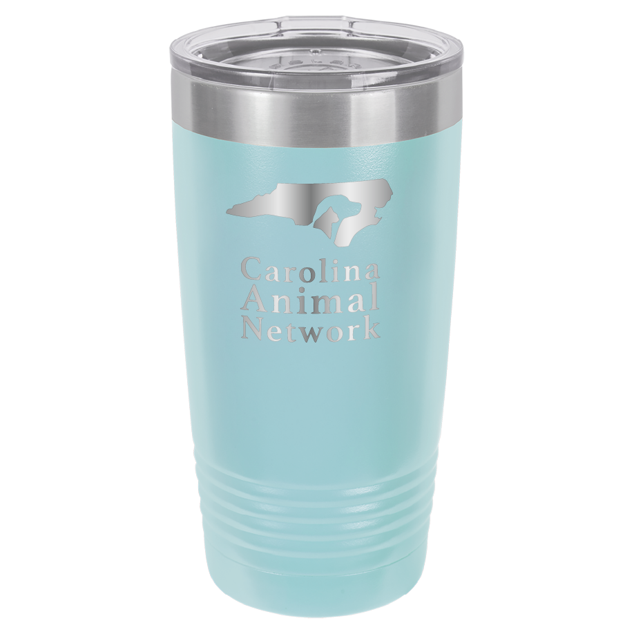 Light blue 20 ounce tumbler laser engraved  tumbler featuring the Carolina Animal Network logo