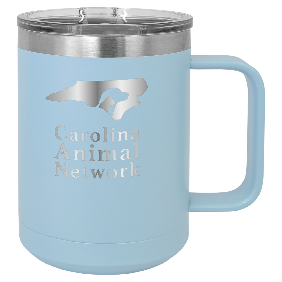 Light blue 15 oz coffee cup laser engraved tumbler featuring the Carolina Animal Network logo