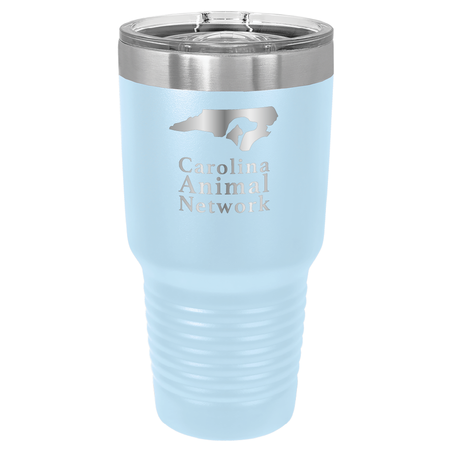 Light blue 30 oz tumbler laser engraved tumbler featuring the Carolina Animal Network logo
