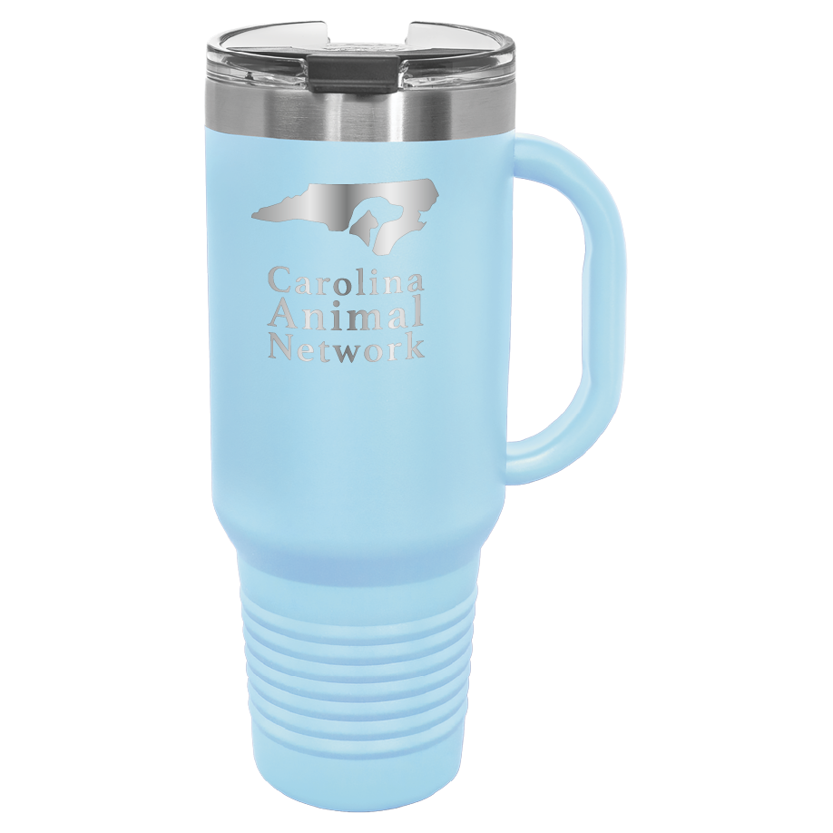 Light blue 40 oz water bottle laser engraved  tumbler featuring the Carolina Animal Network logo
