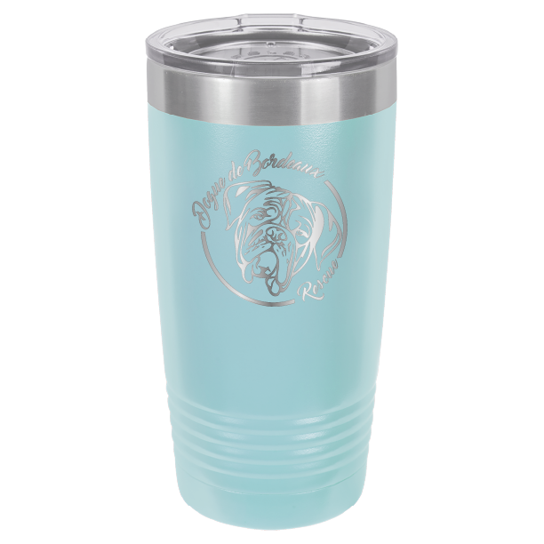 Light blue 20 ounce laser engraved  tumbler featuring the Dogue de Bordeaux Rescue, Inc. logo
