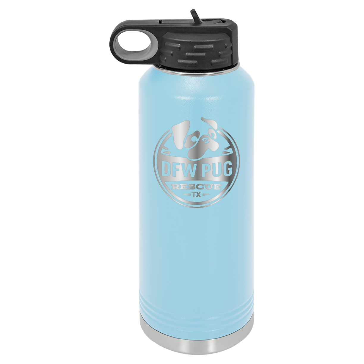 Light blue laser engraved 40 oz water bottle featuring the DFW Pug Rescue logo