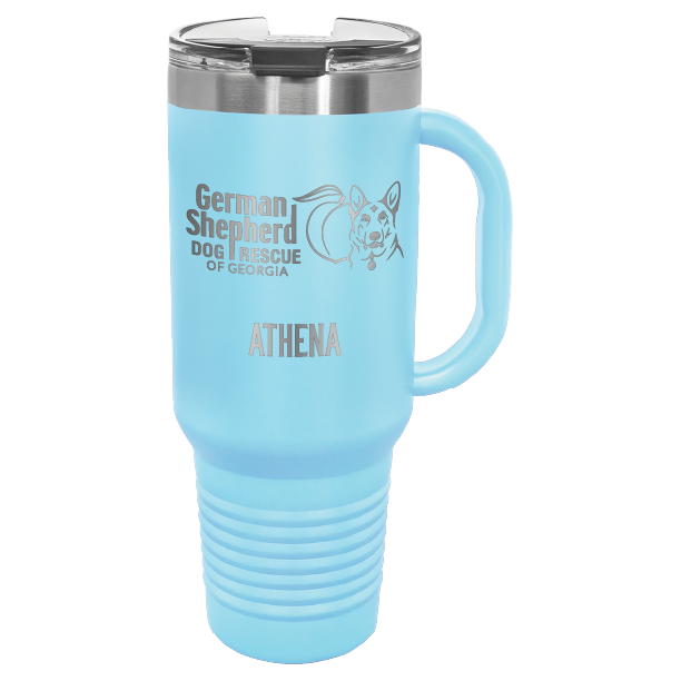 40 Oz travel tumbler, laser engraved with the logo of German Shepherd Dog Rescue of Georgia, in light blue