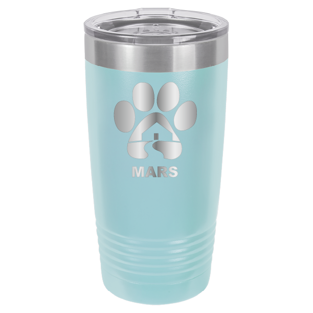 Light blue 20 ounce laser engraved tumbler with the Midwest Animal Rescue & Services (MARS) logo.