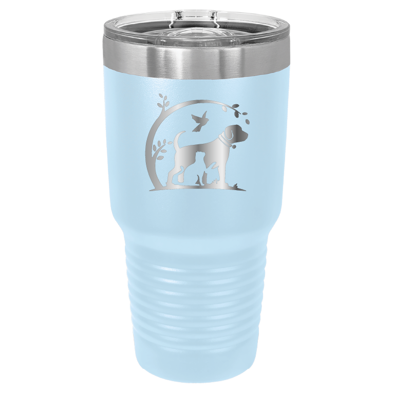Light blue 30 oz laser engraved tumbler featuring the No Critter Left Behind logo
