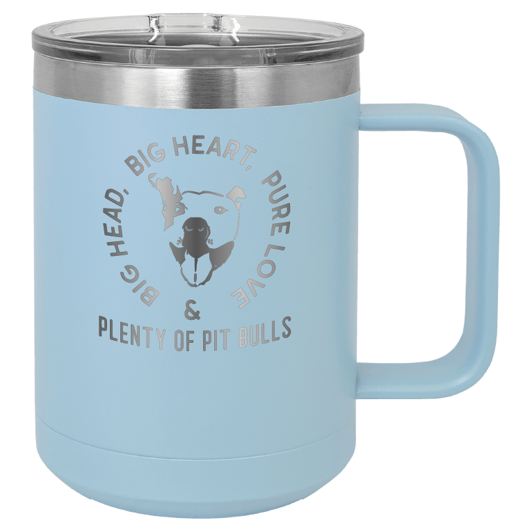Light blue 15 oz coffee cup laser engraved featuring the Plenty of Pit Bulls logo