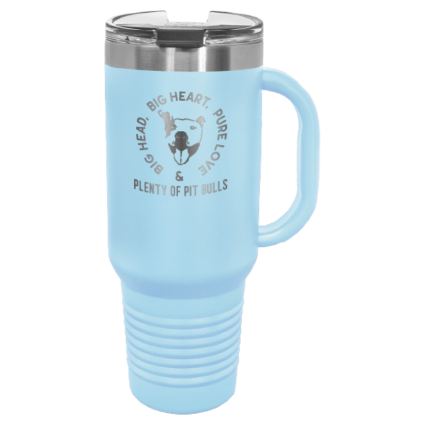 Light blue 40 oz tumbler with handle laser engraved featuring the Plenty of Pit Bulls logo