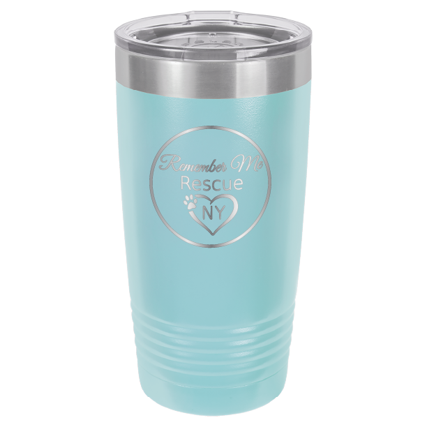 Light Blue laser engraved 20 tumbler featuring the logo of Remember Me Rescue NY