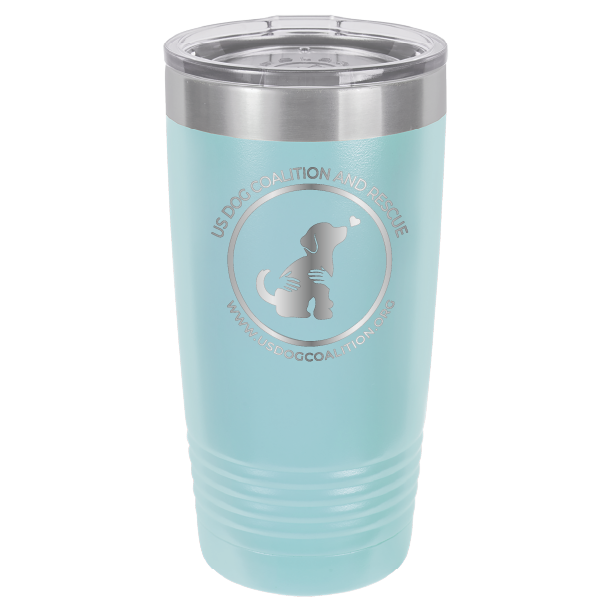 Light Blue 20 Oz Laser Engraved Tumbler featuring the US Dog Coalition logo.
